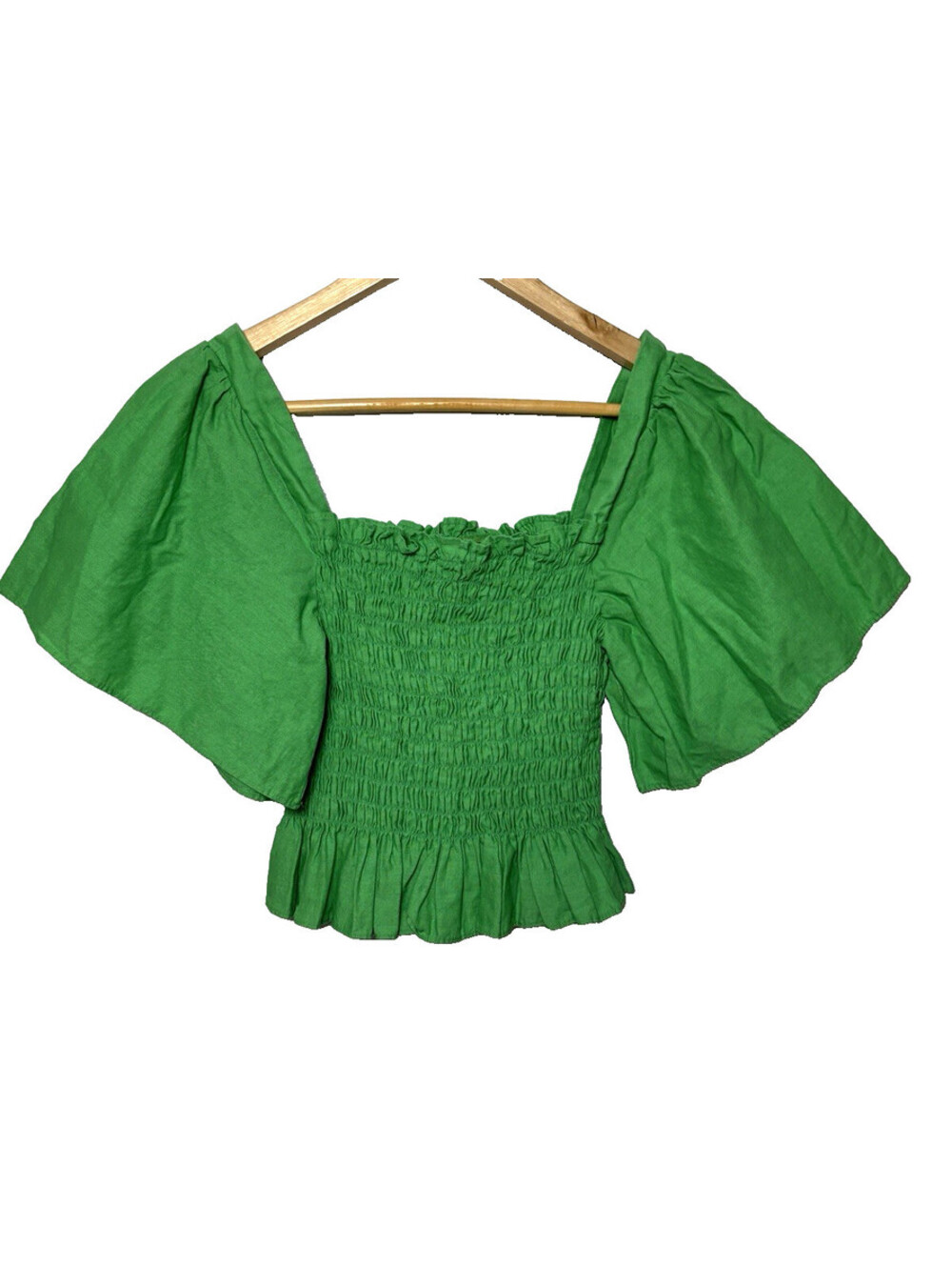 Lulus Fresh Outlook Smocked Puff Sleeve Crop Top Womens L Green Stretch